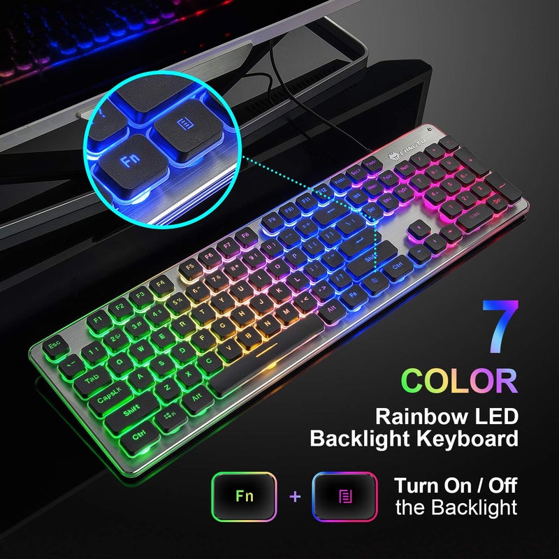LANGTU Membrane Gaming Keyboard, Colorful LED Backlit Quiet Keyboard for Study, All-Metal Panel USB Wired 25 Keys Anti-ghosting Computer Keyboard 104 Keys - L1 Black/Silverâ€¦ - Image 2